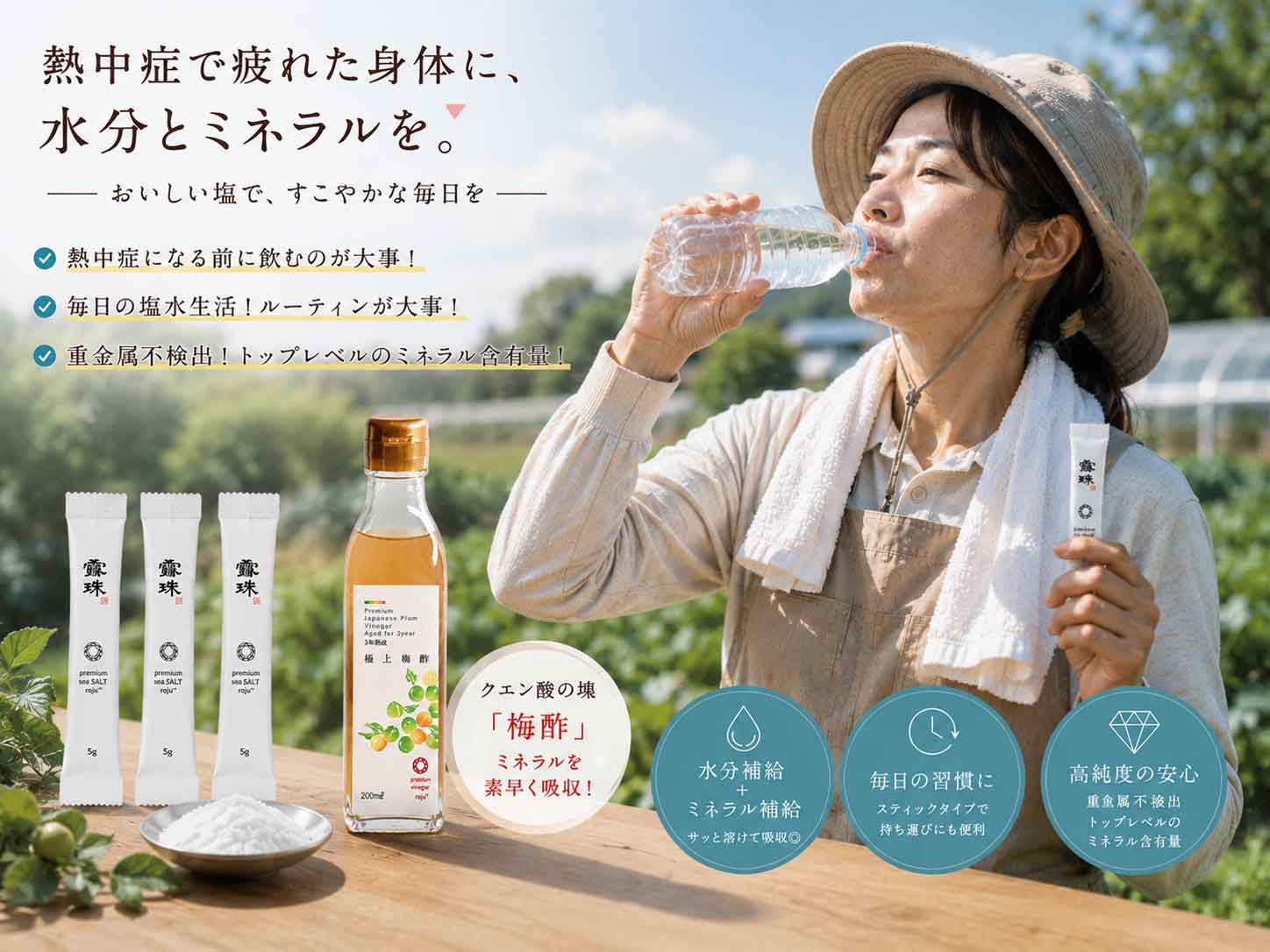熱中症対策 ロジュフード 梅酢 プレミアムソルト 重金属不検出 畑仕事や農作業の熱中症