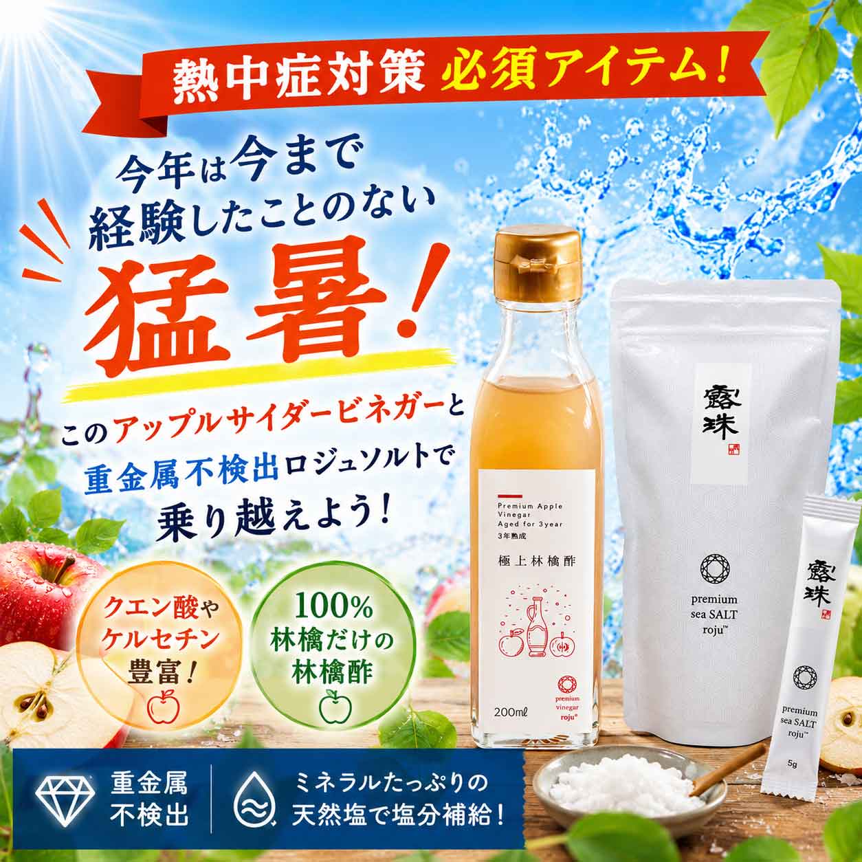 熱中症グッズアイテム必須塩と林檎酢　ロジュソルト アップルサイダービネガー ロジュフード 熱中症対策