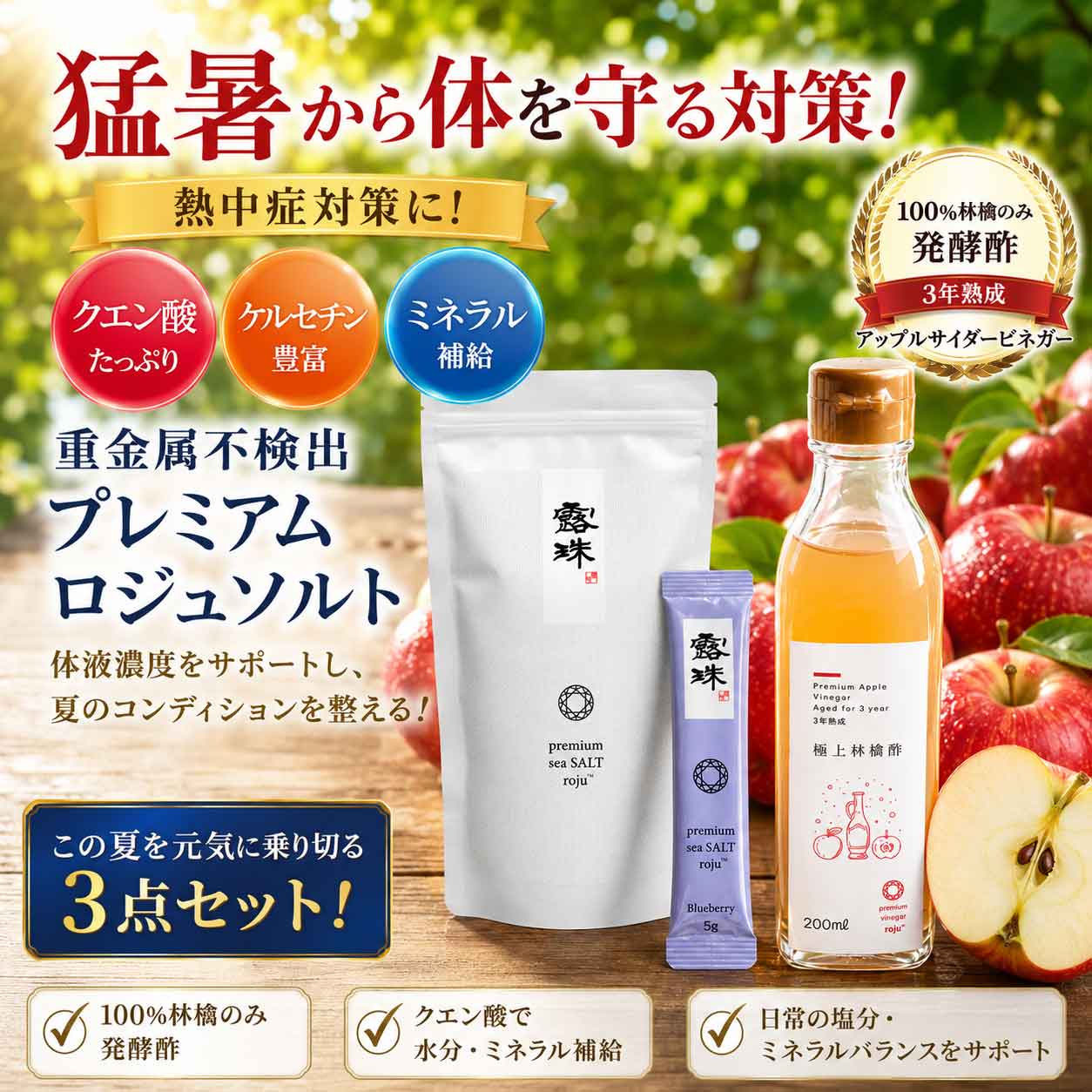 100％林檎酢 アップルサイダービネガー林檎のみ発酵手作り発酵酢 ロジュビネガー 熱中症対策！3set 重金属不検出塩